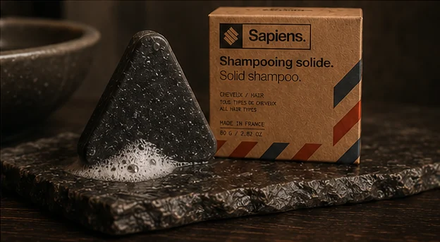Pain de shampooing solide Sapiens et son étui kraft près d'une vasque